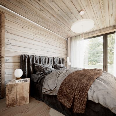Spálňa s dreveným obkladom steny a stropu